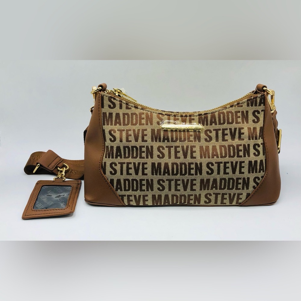 Steve Madden Logo Crossbody Bag Brown Tan with Wide Strap Gold Hardware